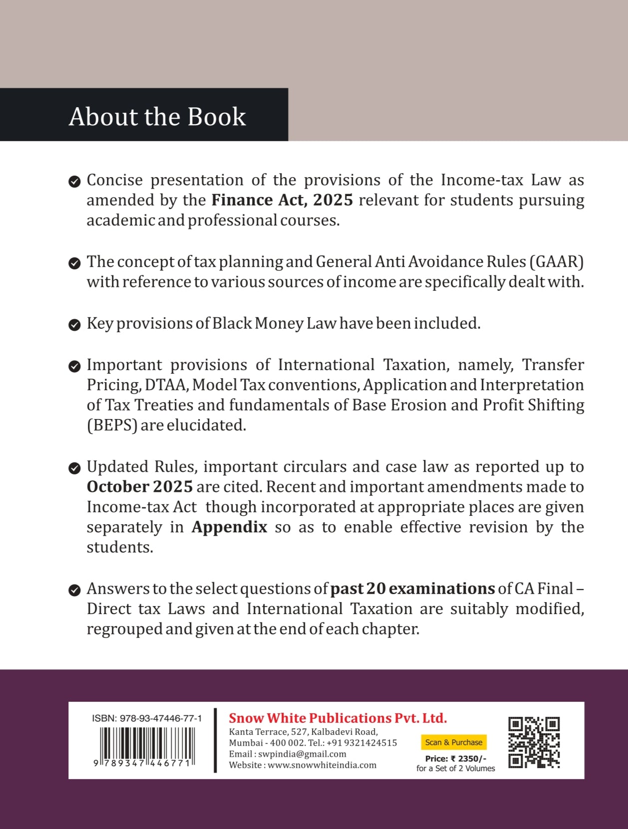 Direct Tax Laws and International Taxation by T.N. Manoharan for CA Final May / September 2026 & January 2027 Exams in 2 Volumes - A.Y - 2026-27